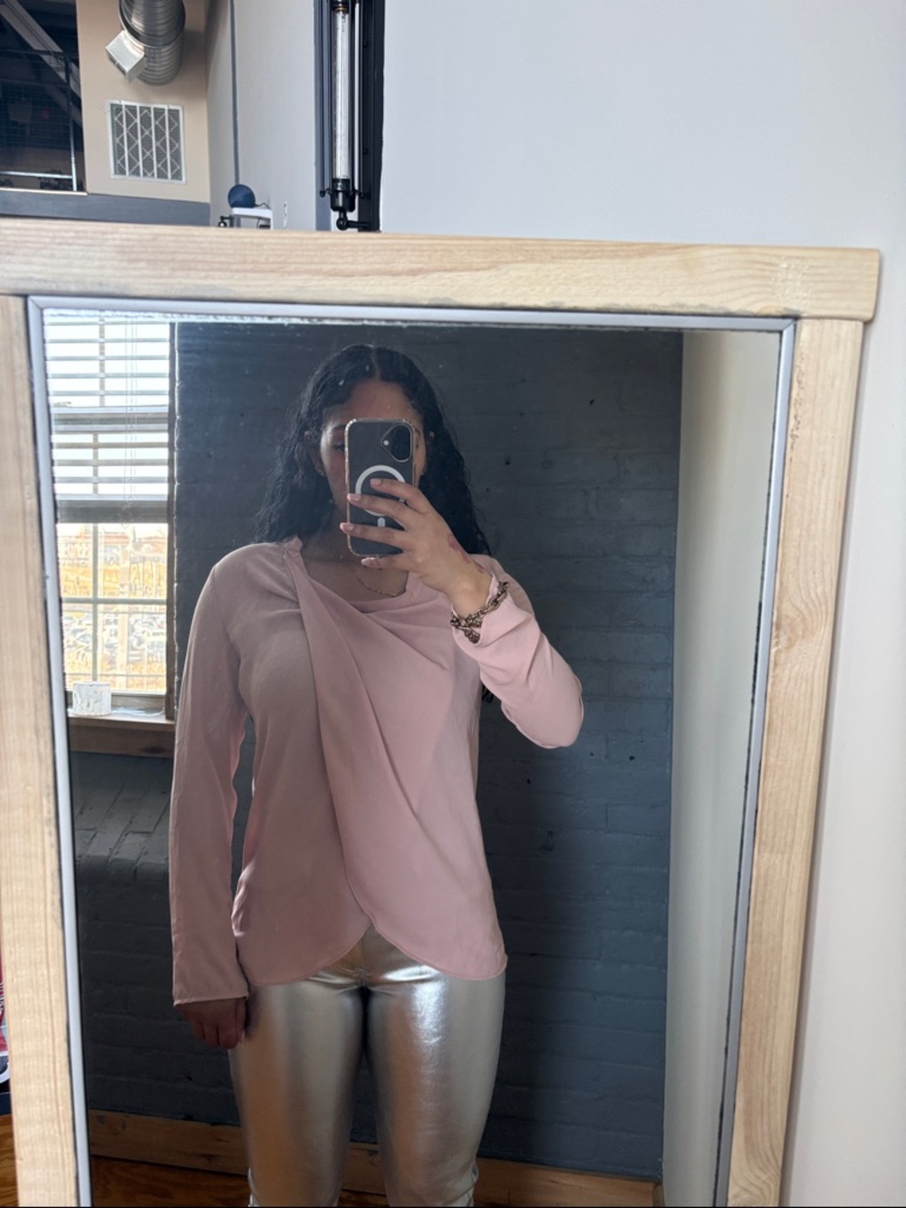 Women’s Pink Draped Wrap-Front Long Sleeve Top
